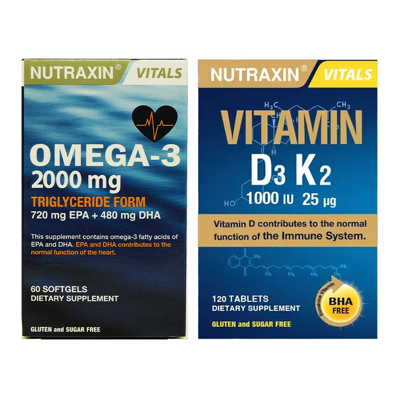 Nutraxin Omega 3 2000 mg 60 Capsules + Vitamin D3 K2 120 Tablets Bundle