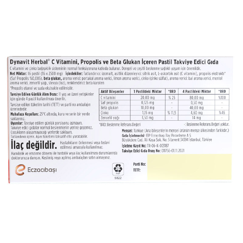 Dynavit Vitamin C + Propolis + Beta Glucan 16 Lozenges