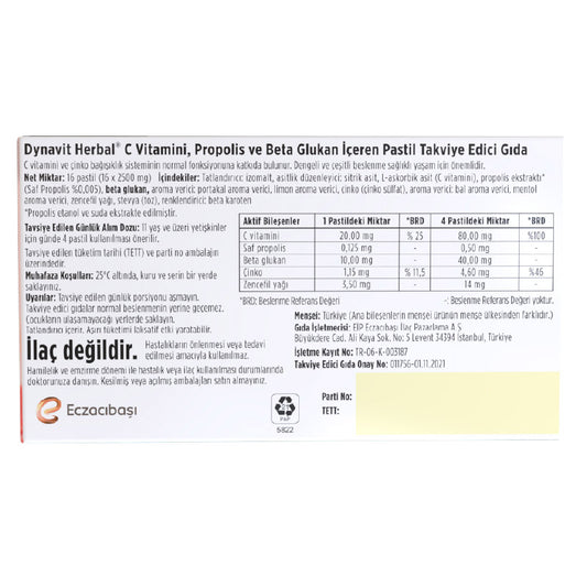 Dynavit Vitamin C + Propolis + Beta Glucan 16 Lozenges