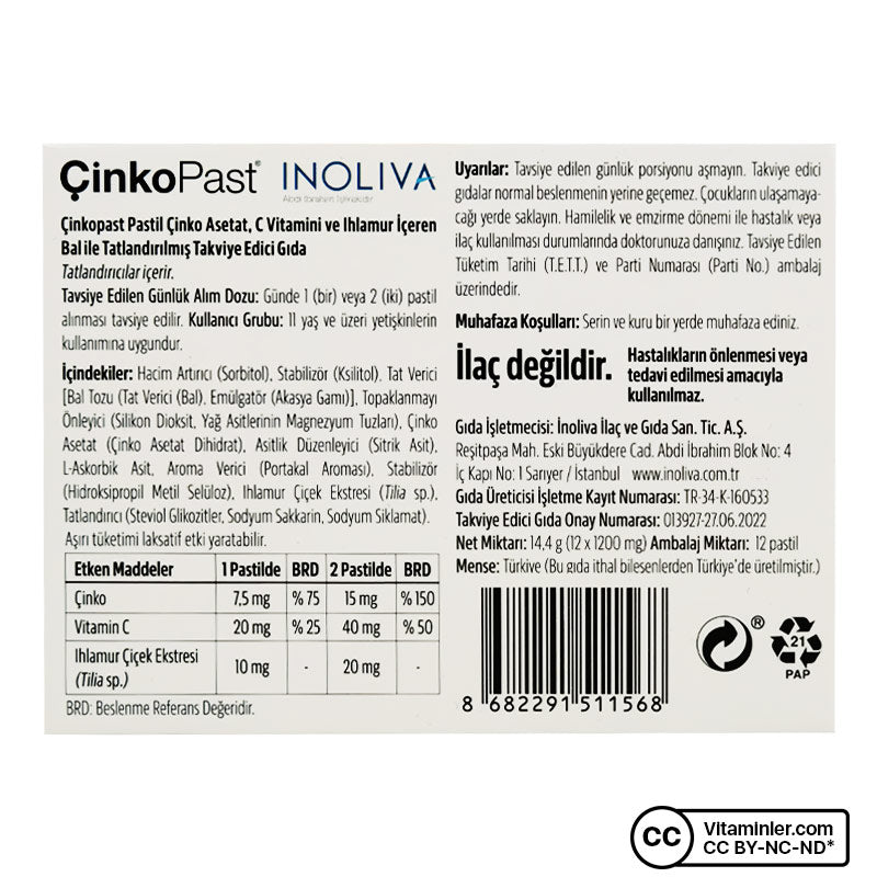 Çinkopast Vitamin C Linden Honey 12 Lozenges (3 Pack)