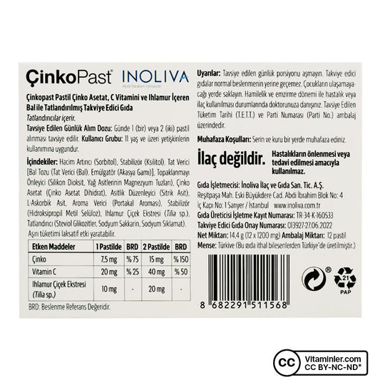 Çinkopast Vitamin C Linden Honey 12 Lozenges (3 Pack)