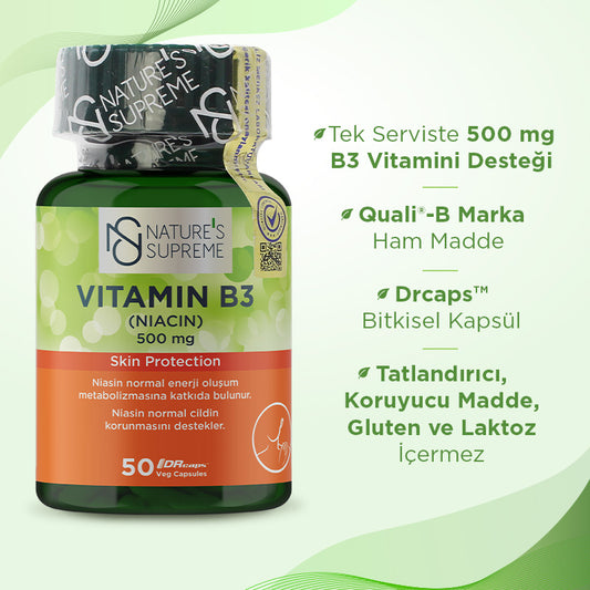 Nature's Supreme Vitamin B3 500 mg (No Flush) 50 Capsules