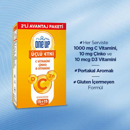 One Up Triple Action Vitamin C + Zinc + Vitamin D 2 x 15 Effervescent Tablets