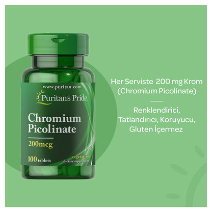 Puritan's Pride Chromium Picolinate 200 mcg 100 Tablets